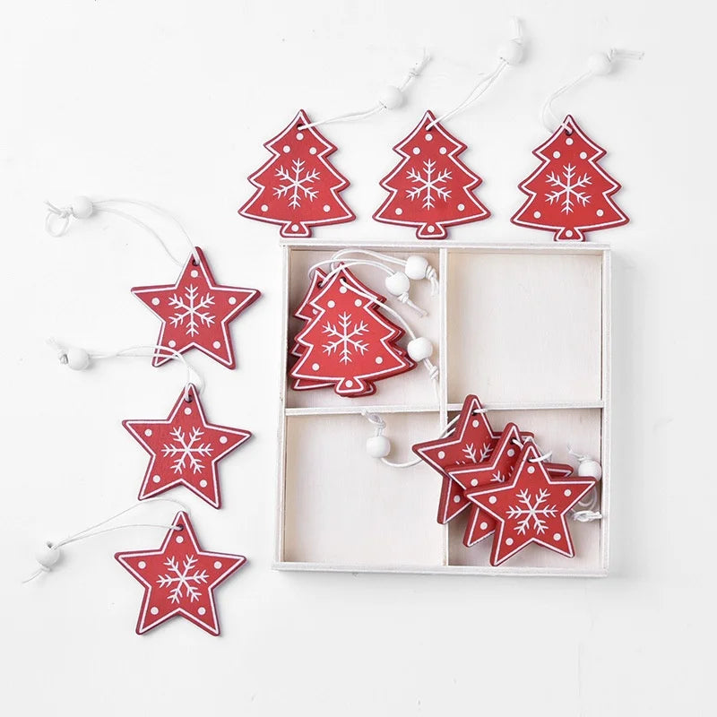 12Pcs/lot Merry Christmas Tree Decoration Wooden Hanging Pendant elk bells snowflake Xmas Ornaments New Year Home Decor Gifts