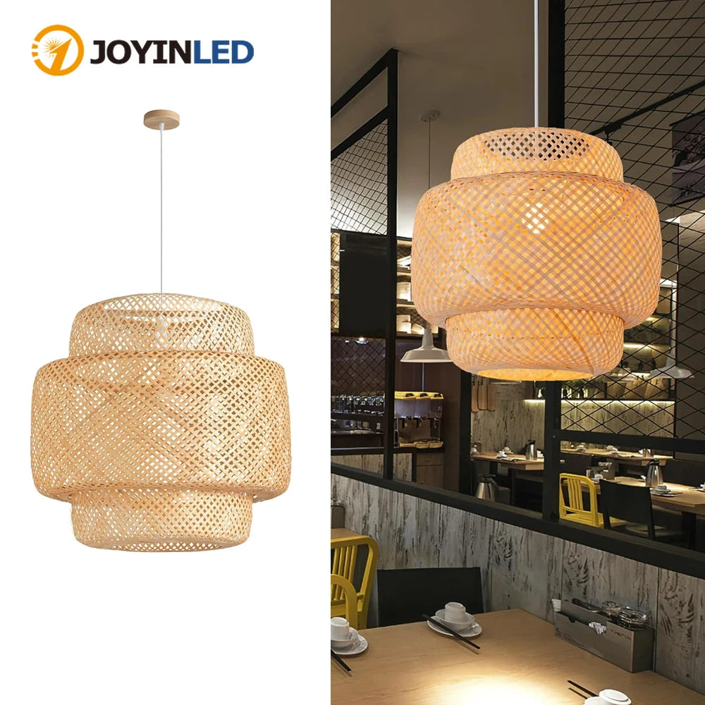 Bamboo Pendant Light 30/40/50CM Hand-Woven Rattan Hanging Lamp Farmhouse Wicker Chandelier for Dining Living Bedroom