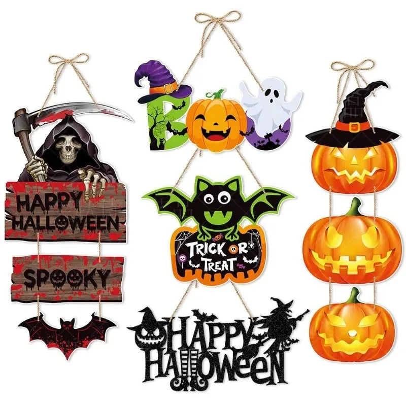 Halloween Party Door Decorations Horror Pumpkin Ghost Bat Hanging Pendent Paper Sign for Home Halloween Festival Party