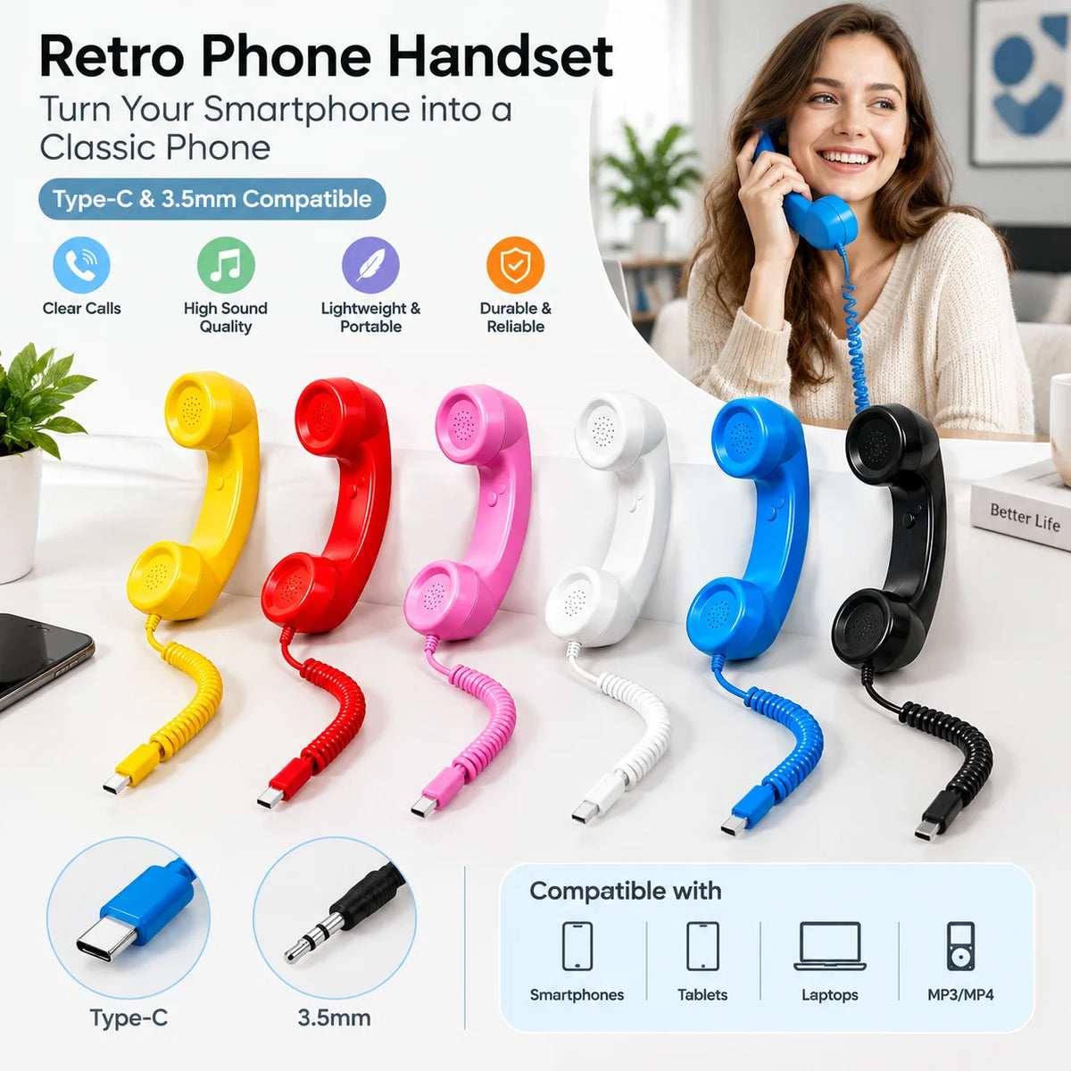Retro Telephone Receiver Type-C 3.5mm Microphone Handset Directly Plug Into Mobile Phone Handset For Mobile Phones