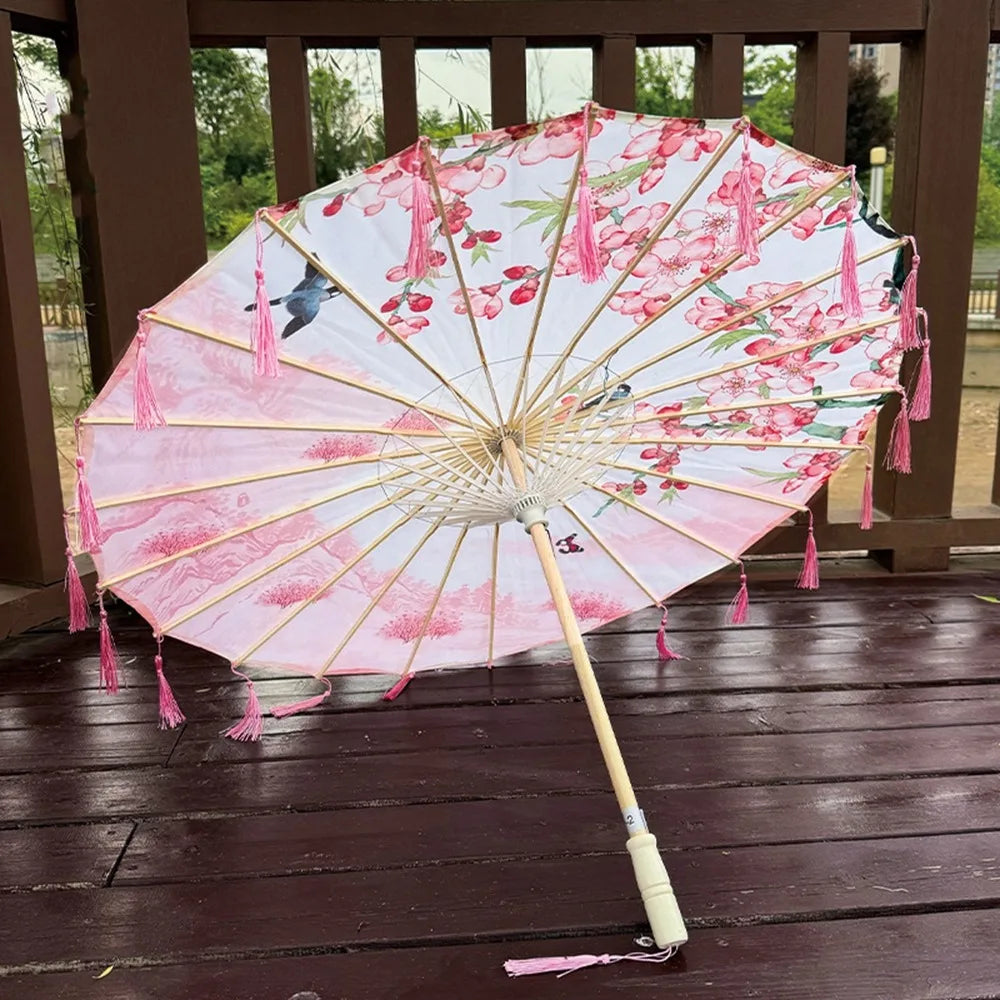 70cm Silk Fabric Tassel Umbrella Handheld Chinese Style Ancient Dance Umbrella Rainproof Decorative Classical Oil Paper Umbrella