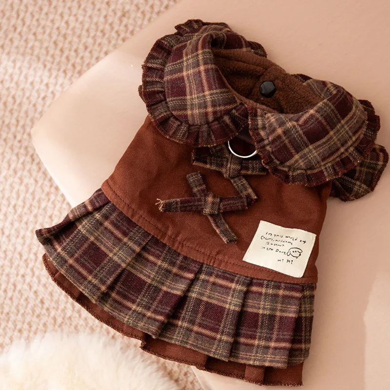 Autumn and Winter Pet Plaid Couple Outfit Thin Dress Hoodie Cat Teddy Jacket Dog Dresses for Small Dogs Puppy Clothes