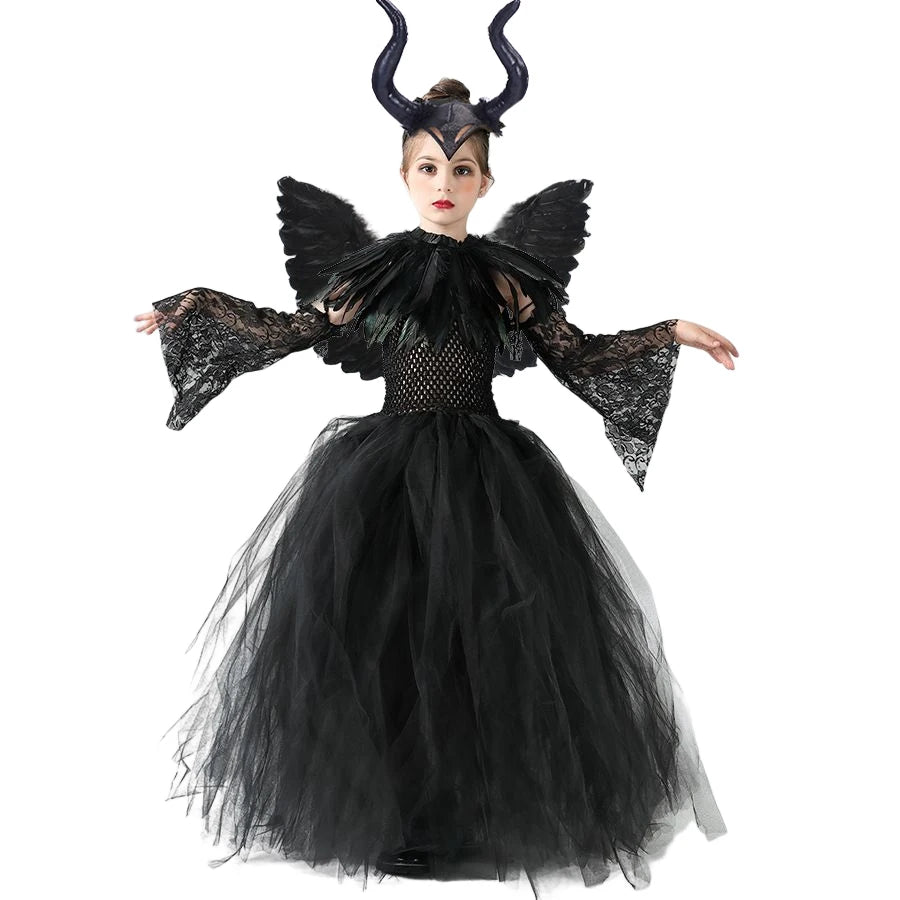 Halloween Costume Fashion Tutu Dress For Girls Cosplay Evil Queen Black Mesh Princess Dress Kids Crow Wand Demon Witch Gown