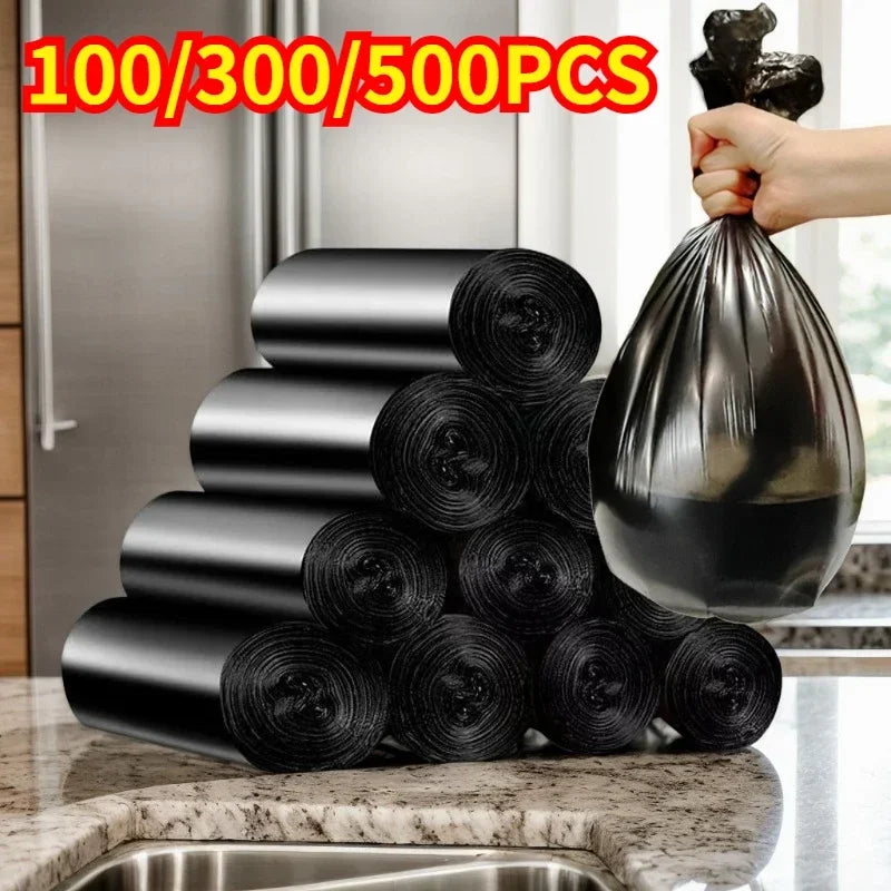 100/300/500PCS Black Disposable Garbage Bag Roll Plastic Trash Bags for Household Kitchen Bathroom Travel