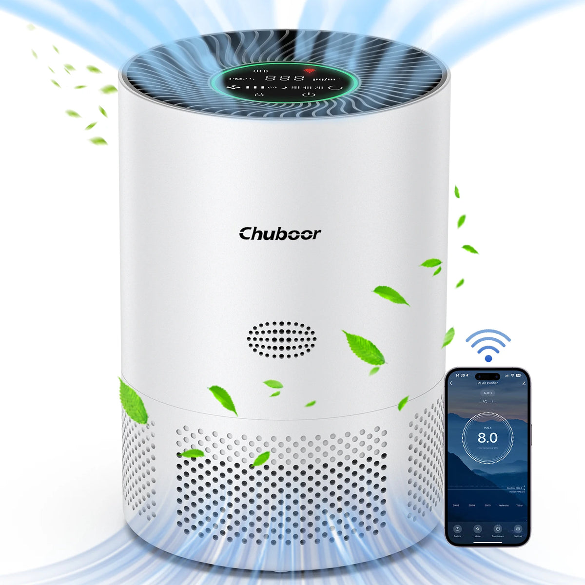 Chuboor Air Purifier for home with H13 true HEPA, PM2.5 detection, Removes Dust Smoke Pet Dander Odor, CADR 185m³/h, suitable for 30-40㎡, washable filter, super quiet, air cleaner for kitchen, office, or bedroom