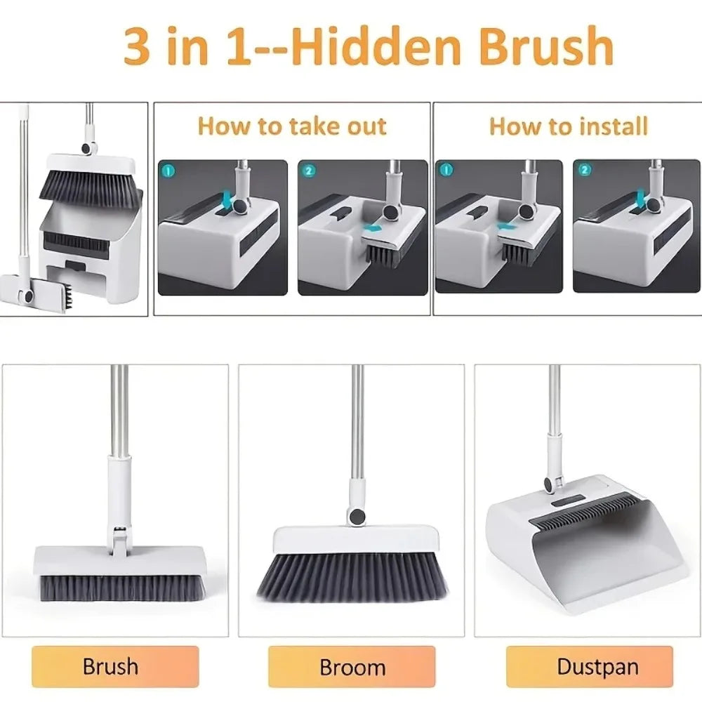 3-in-1 Broom and Dustpan Set Soft Bristles for Hair-Free Long Handle for Effortless Cleaning Compact Storage for Home Office