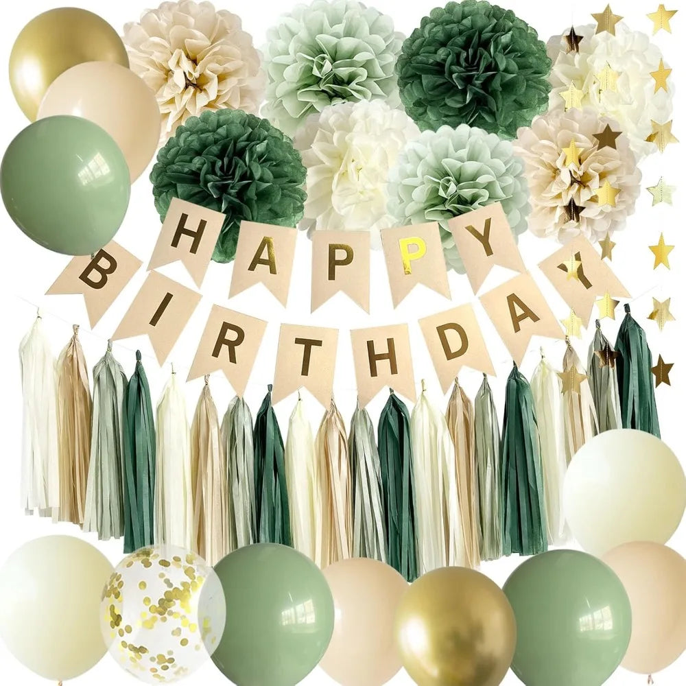 Green Birthday Party Decorations Paper Banner Circle Garland Hanging Swirl Paper Fans Lanterns Gold Balloons for Party Decor