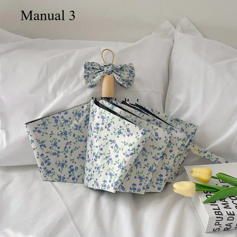 New 1 Piece of Small Blue Floral Umbrella, Gentle Style, Sun Protection, Three - Fold Automatic Umbrella for All Weather