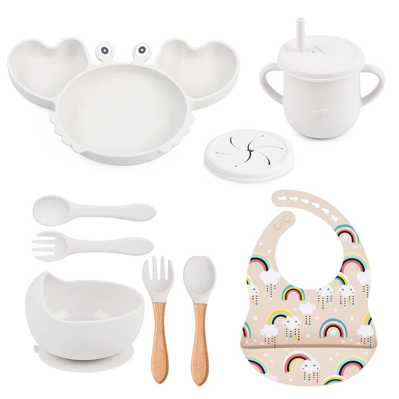 9Pcs Baby Silicone Non-Slip Suction Bowl Plate Spoon Waterproof Bib Cup Set Baby Crab Dishes Food Feeding Bowl for Kids BPA Free