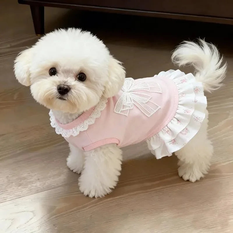 Pet Spring Summer Dress Thin Pink Bow Cute Skirt Breathable Clothes for Small Dog Cat Bichon Schnauzer Daily Apparel