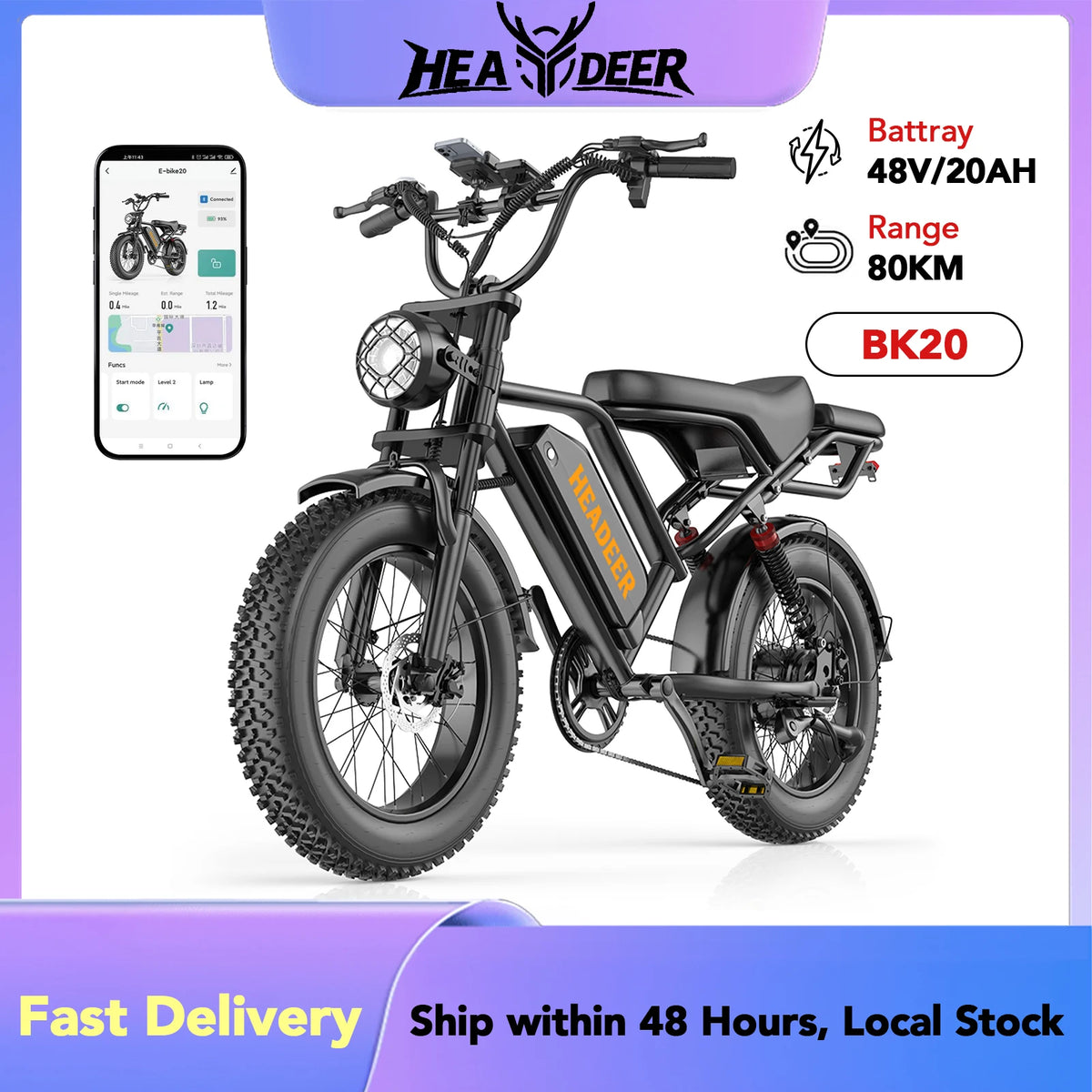 HEADEER BK20 Electric Bike 48V20Ah Lithium Battery, Max Range 80Km, 20" Off-Road Fat Tires All‑terrain E-Bike with APP