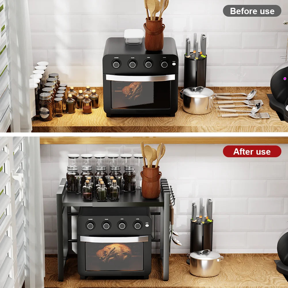 Microwave Oven Rack Seasoning Shelf Bilayer Oven Storage Rack Retractable Countertop Organizer Kitchen Accessories