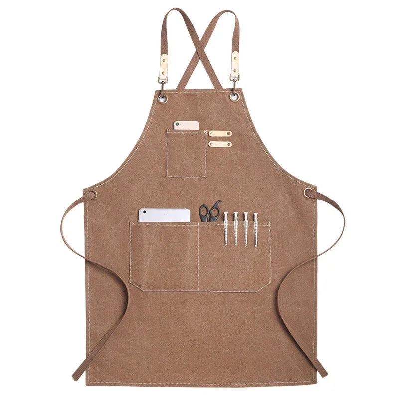 Grembiule da cucina in tela resistente, grembiule da lavoro da barbiere, unisex, con cinghie incrociate regolabili, grembiule con pettorina in ecopelle per parrucchiere da uomo