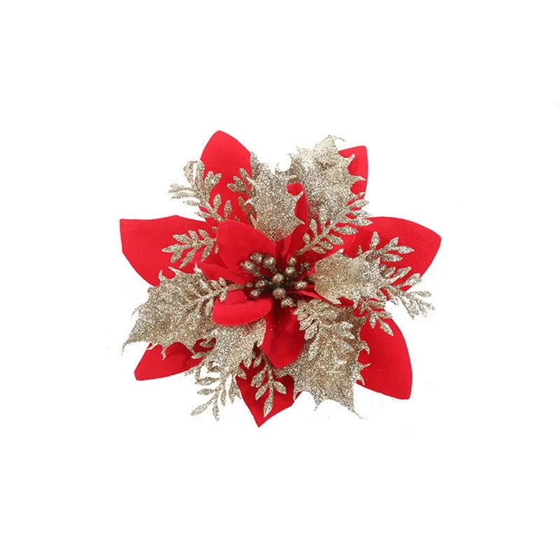 Glitter Pink Christmas Flowers Xmas Tree 14cm Artifical Flower Ornaments  Merry Christmas Decoration For Home New Year