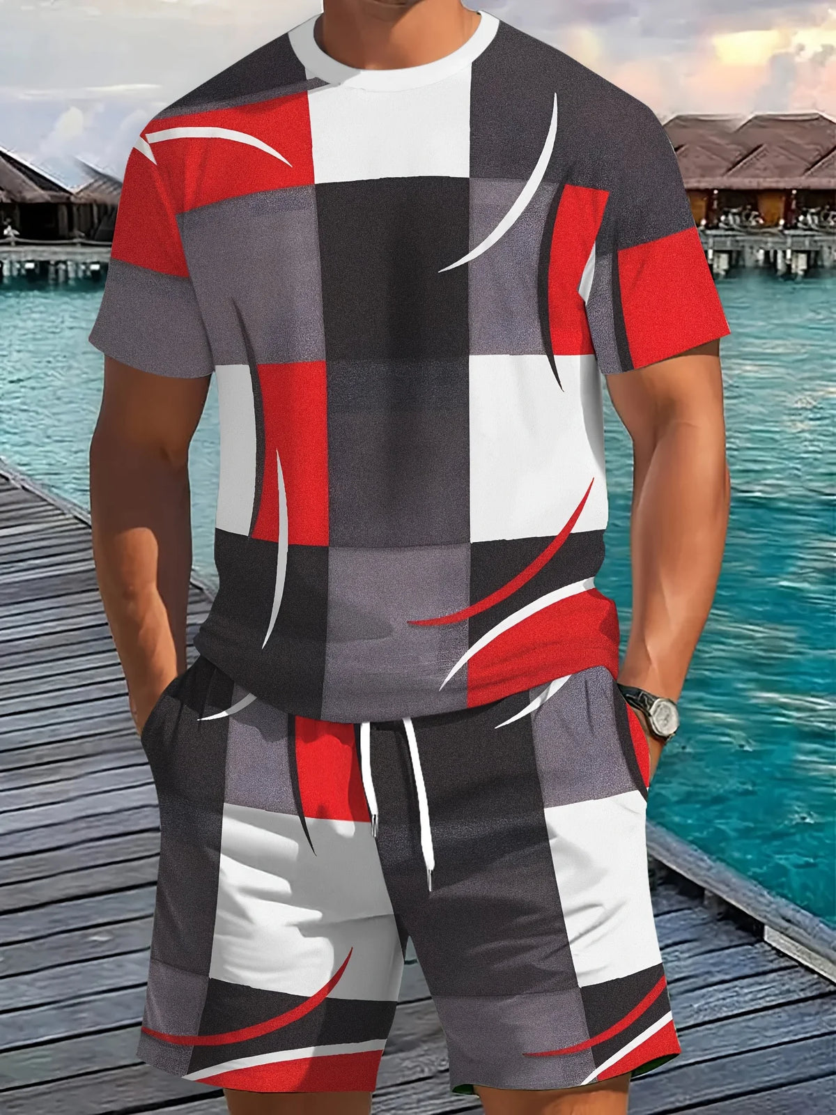 Summer New Arrival Men's Casual Two-Piece Set Striped Print Short-Sleeve Shirt and Athletic Shorts Set Men's Fitness Set