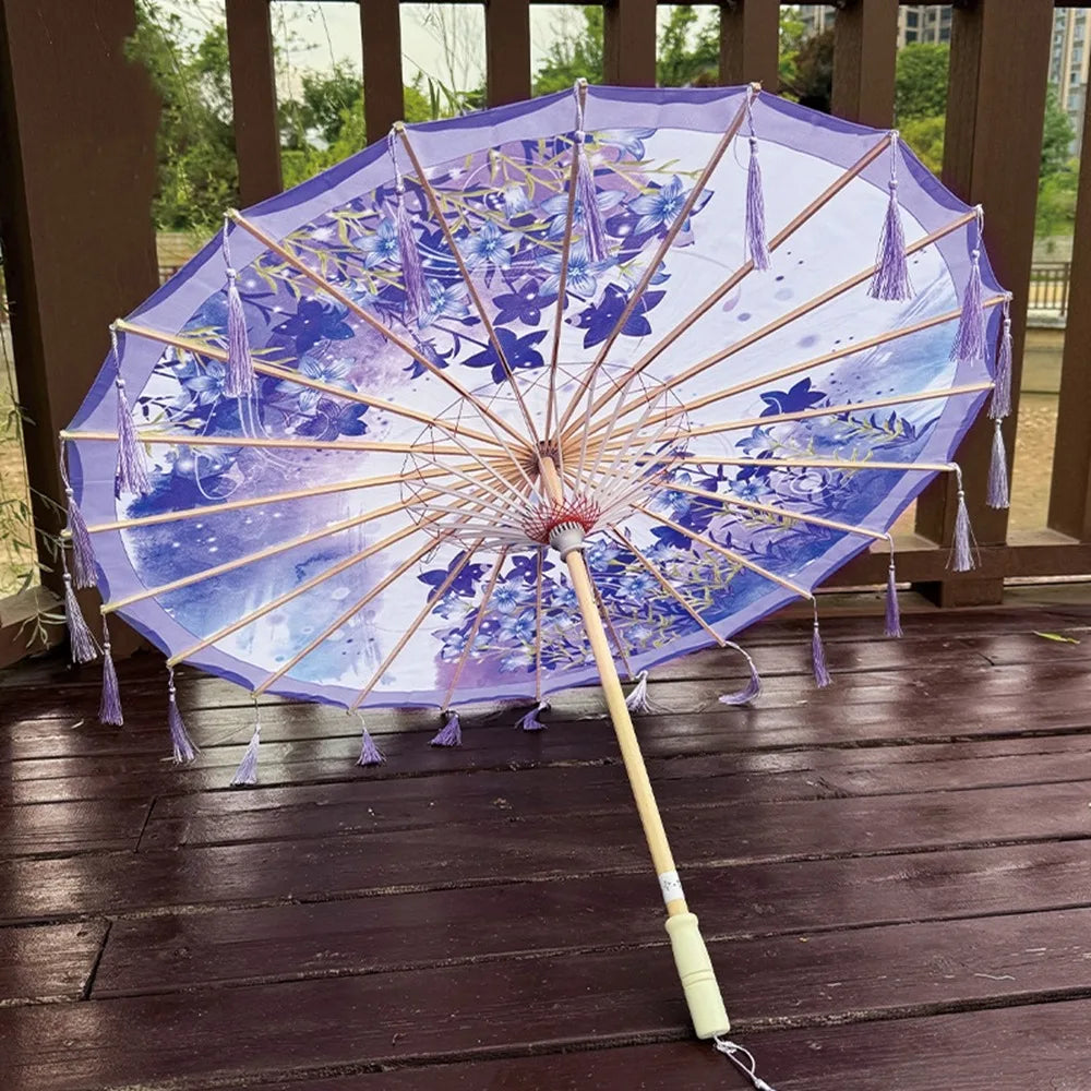 70cm Silk Fabric Tassel Umbrella Handheld Chinese Style Ancient Dance Umbrella Rainproof Decorative Classical Oil Paper Umbrella