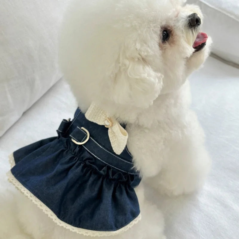 Spring Pet Cat Cowboy Vest Walking Chest and Back Harness Cute Bow Dress Puppy Clothes Dog Clothes for Small Dogs