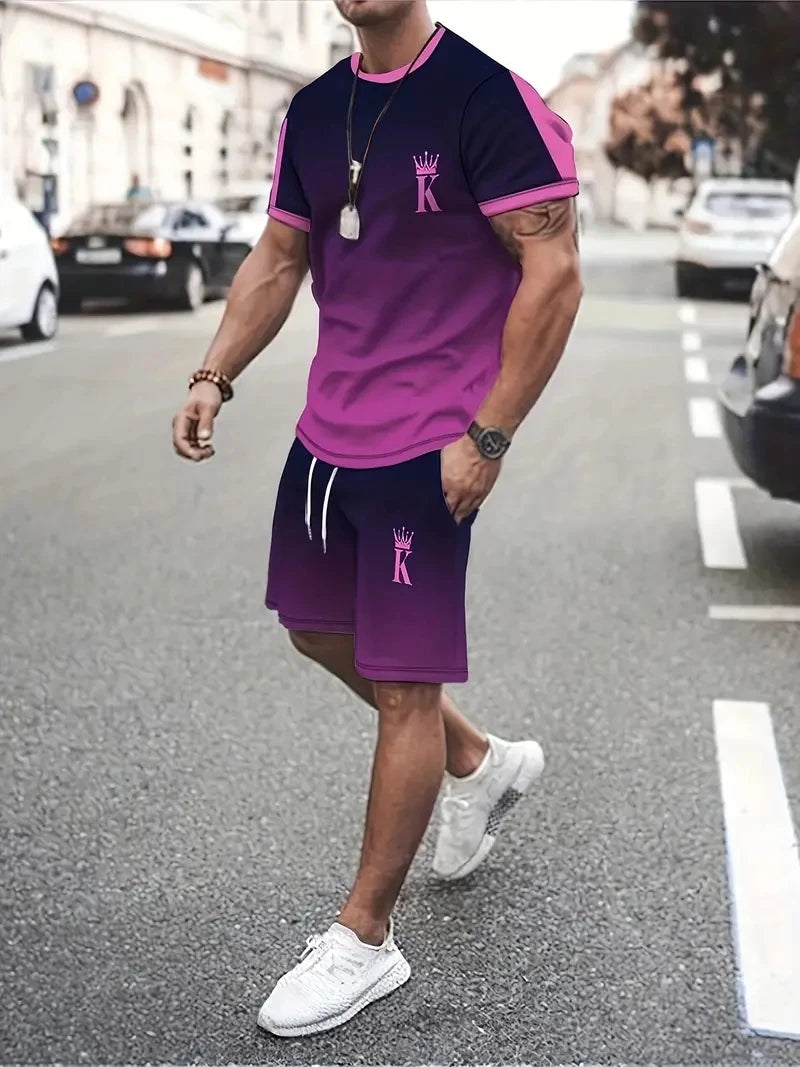 New Men's Two-Piece Plaid Print Fashion Men's Suit Summer O-Collar Short-Sleeved Polo Shirt + Shorts Two-Piece Men's Suit
