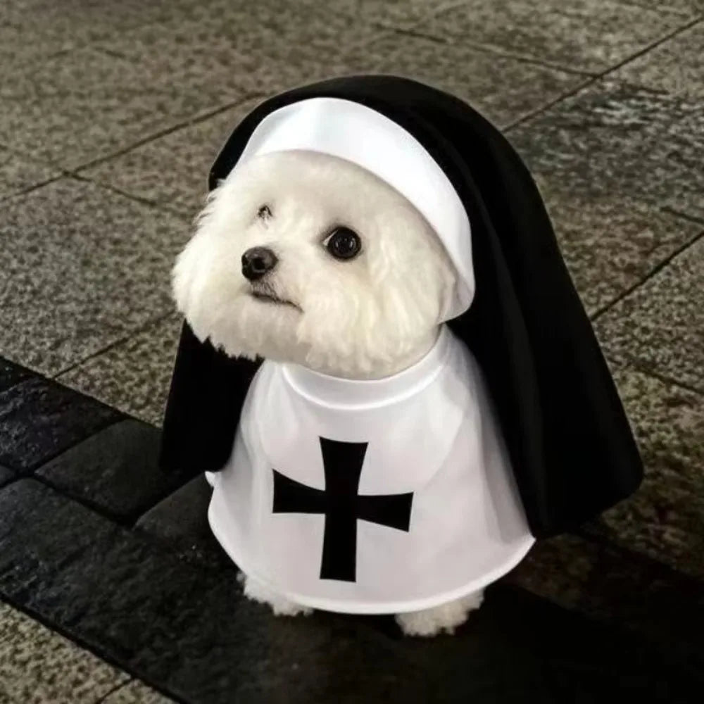 Halloween Cats Nun Costume Cross Print Kitty Clothes for Small Dogs Funny Cute Dress Up Party Pet Overalls Cat Accessories