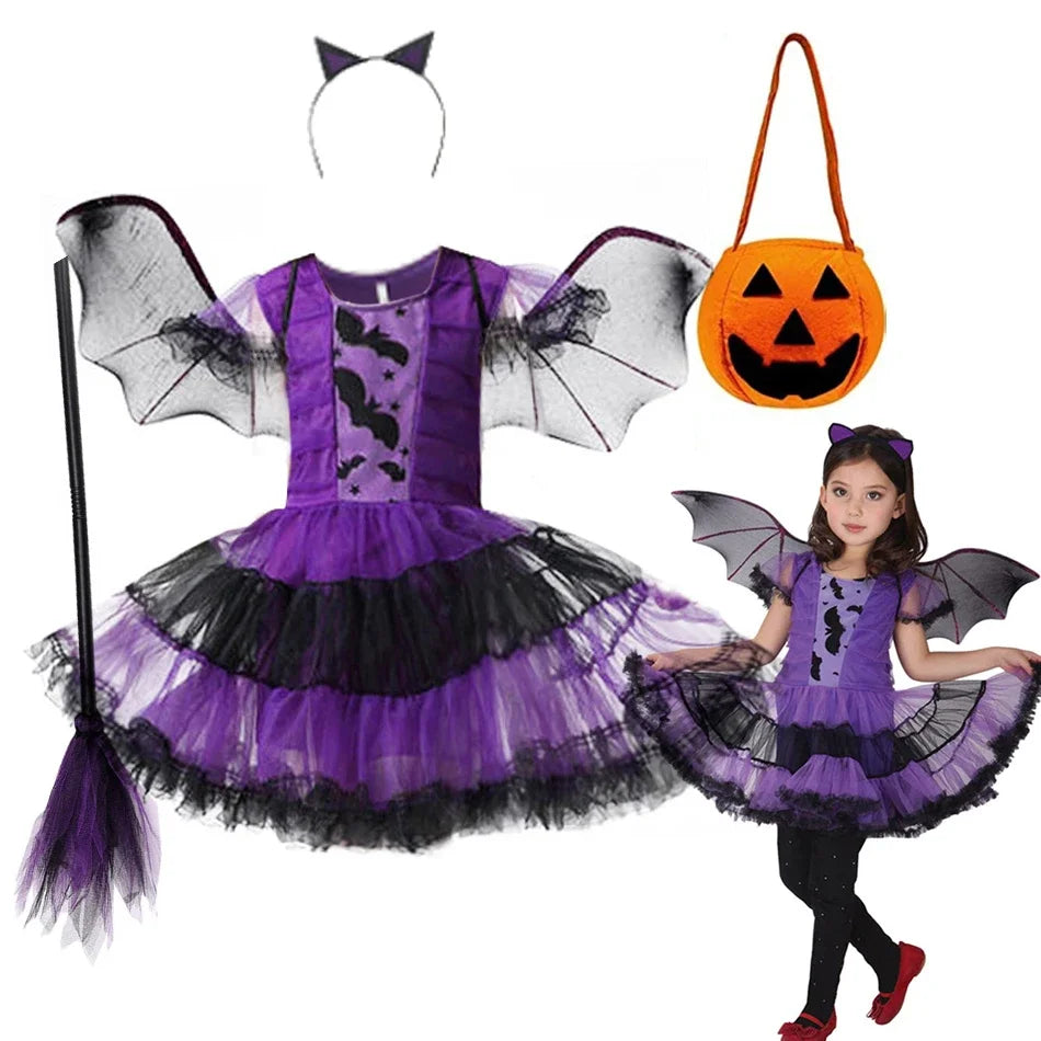Halloween Witch Costume Girls Vampire Kids Clothes Animal Cosplay Dress With Wing Headwear Witch Role Play Clothes