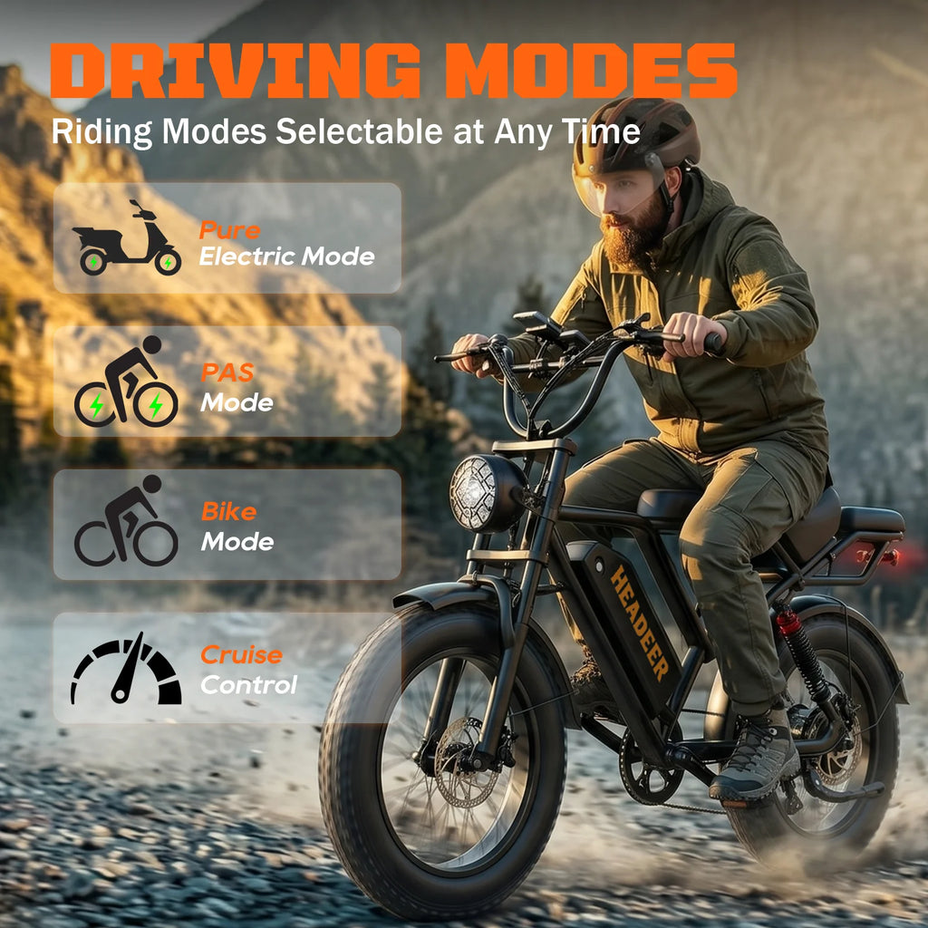HEADEER BK20 Electric Bike 48V20Ah Lithium Battery, Max Range 80Km, 20" Off-Road Fat Tires All‑terrain E-Bike with APP