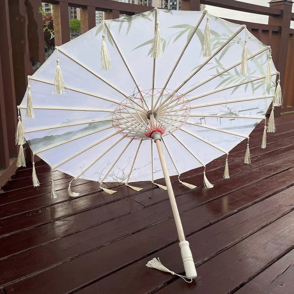 70cm Silk Fabric Tassel Umbrella Handheld Chinese Style Ancient Dance Umbrella Rainproof Decorative Classical Oil Paper Umbrella