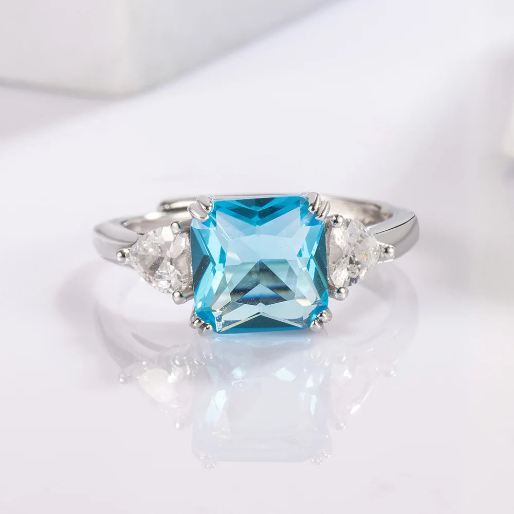 925 Sterling Silver Blue Zircon Adjustable Rings For Women  Engagement Luxury Fine Jewelry Wedding Accessories Argent 925