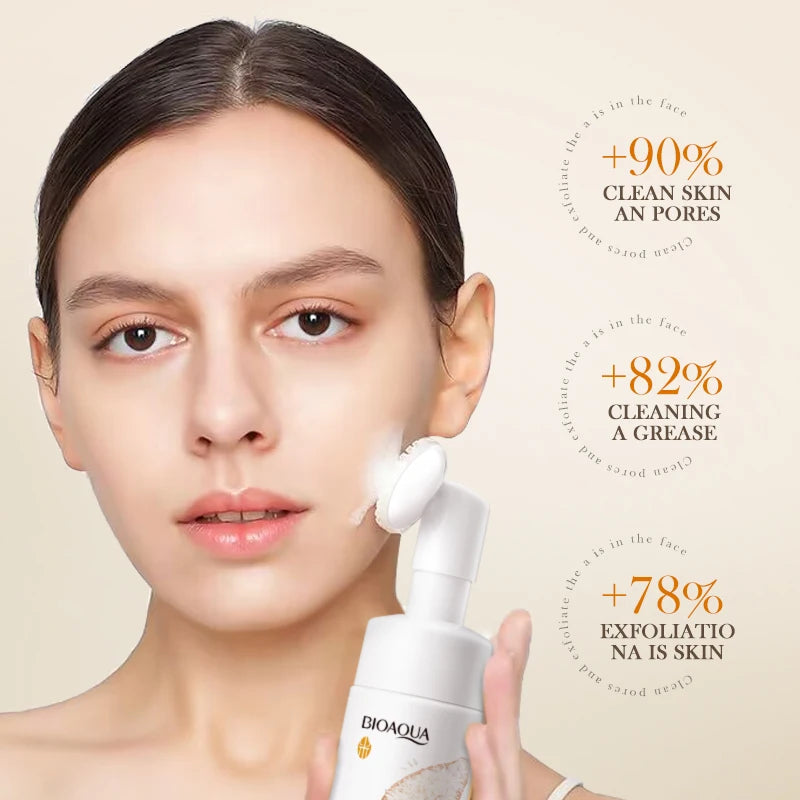 120ml BIOAOUA Rice Raw Pulp Foaming Facial Puree Cleansing Mousse Soothing Facial Cleanser With Brush Head Clear Face Wash