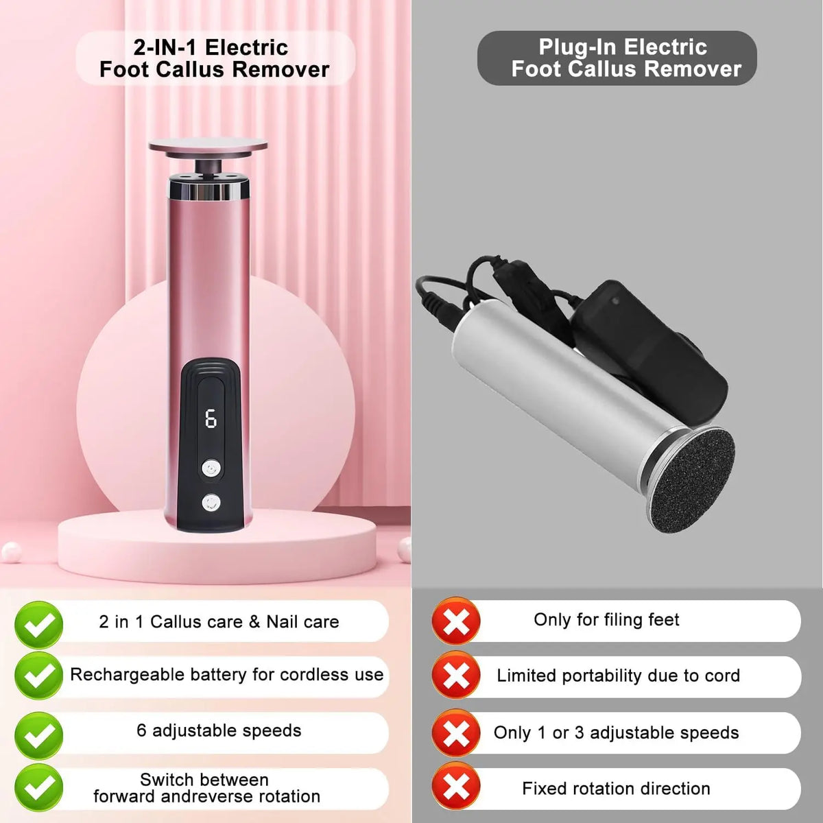 Electric Foot Callus Remover 2 In 1 Nail Foot File Pedicure Tool Rechargeable Wireless Powerful Foot Scrubber Dead Skin Remover