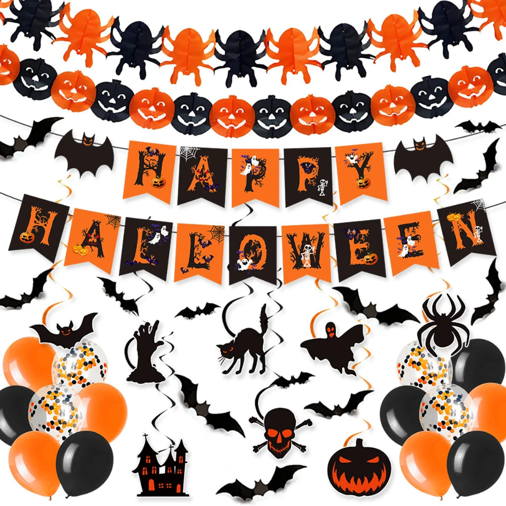 Halloween Decorations, Party Supplies Set Includes Happy Halloween Banner Skeleton-Themed Bunting Garland Wall Stickers Party