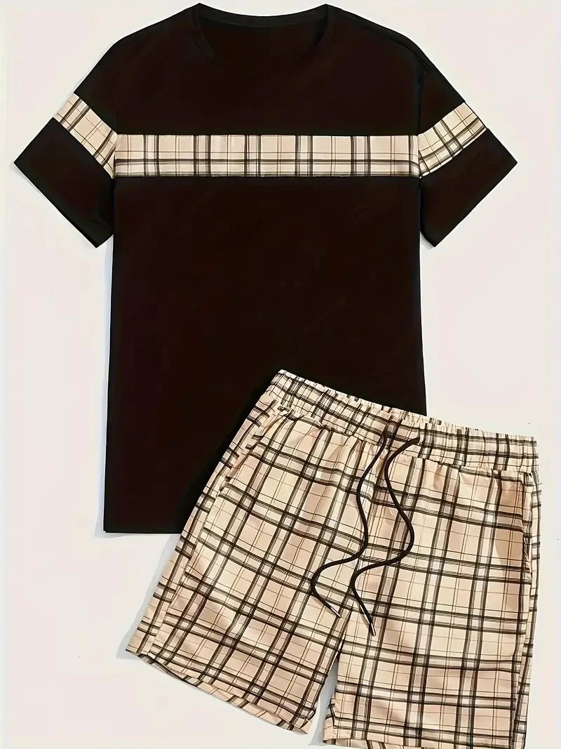 New Men's Two-Piece Plaid Print Fashion Men's Suit Summer O-Collar Short-Sleeved Polo Shirt + Shorts Two-Piece Men's Suit