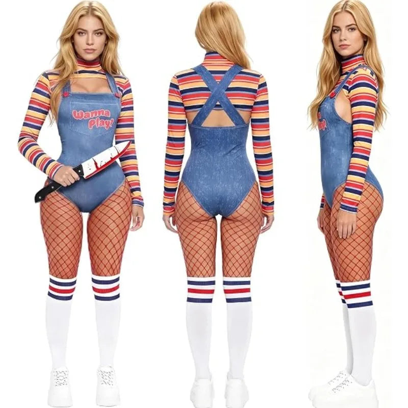 Halloween Costumes for Women Adult Cosplay Striped Long Sleeve Bodysuit Horror Doll Scary Cosplay Carnival Role Play Outfit