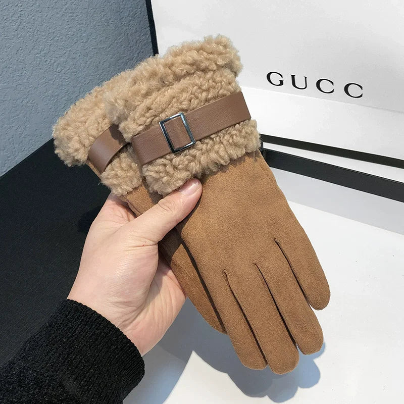 Women's Winter Gloves with Fleece Lining, Warm, Windproof, Cold-Resistant, Plush Decoration, Touchscreen Compatible, Suitable Fo
