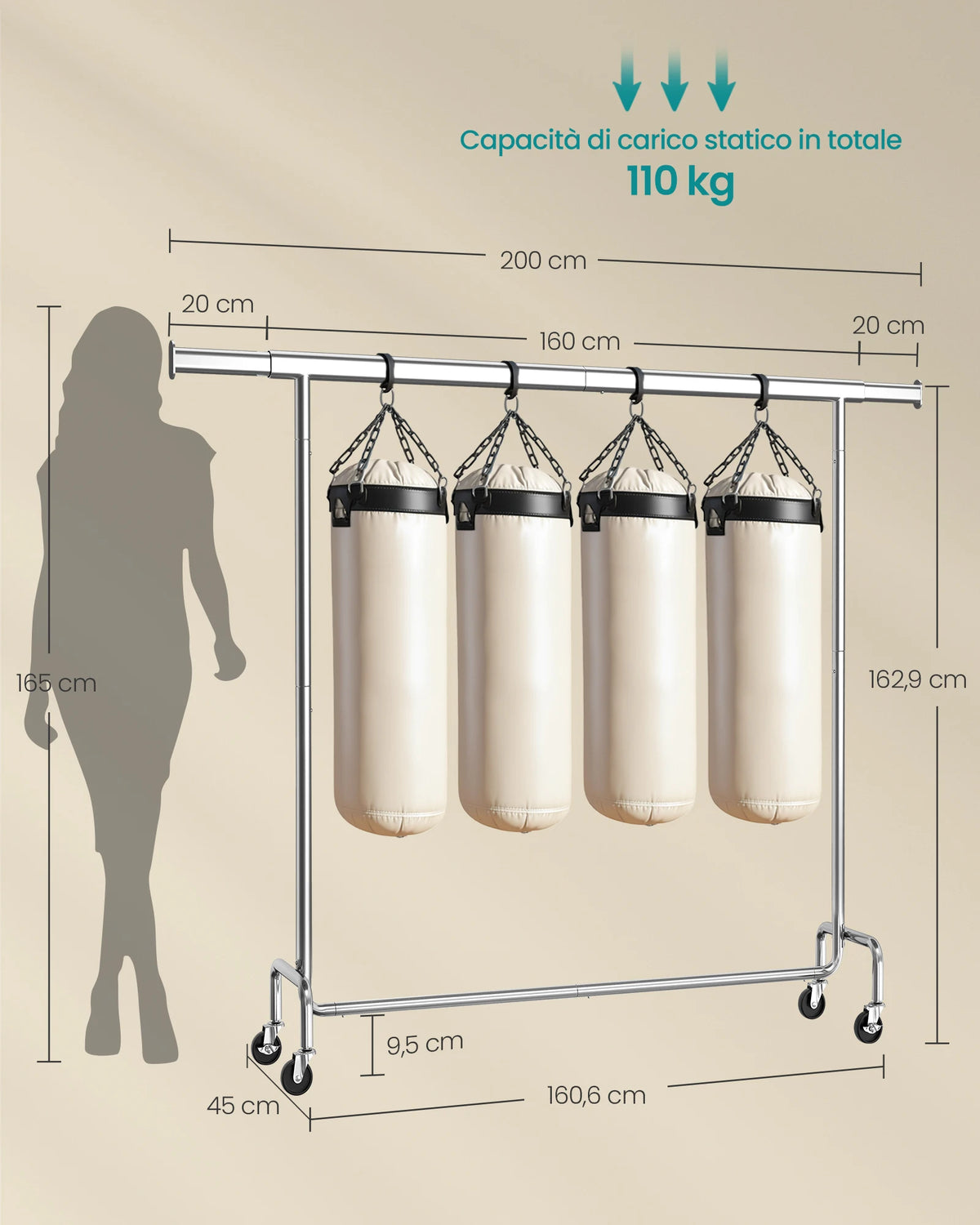 SONGMICS Clothes Rack with Wheels, Heavy-Duty Clothes Rack, Load Capacity 110 kg, 45 x (160-200) x 162.9 cm, Silver