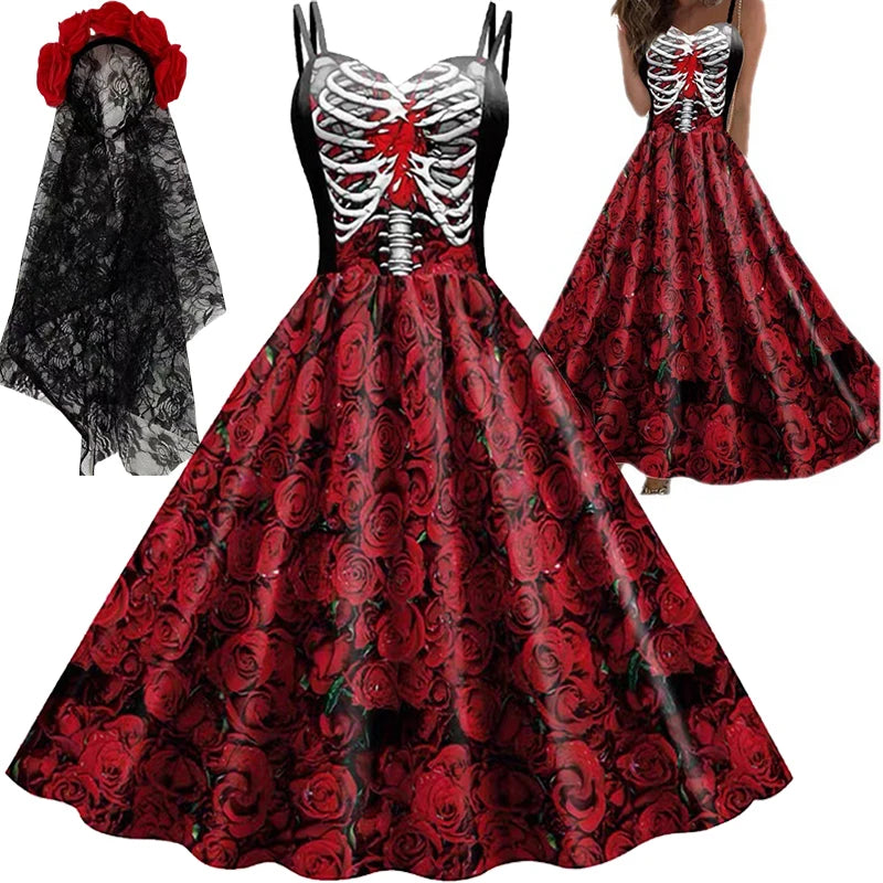 Halloween New Costumes for Women Skull Print Halter Dress Sleeveless Tunic Vintage Party Dresses Goth Clothes Masquerade Vestido