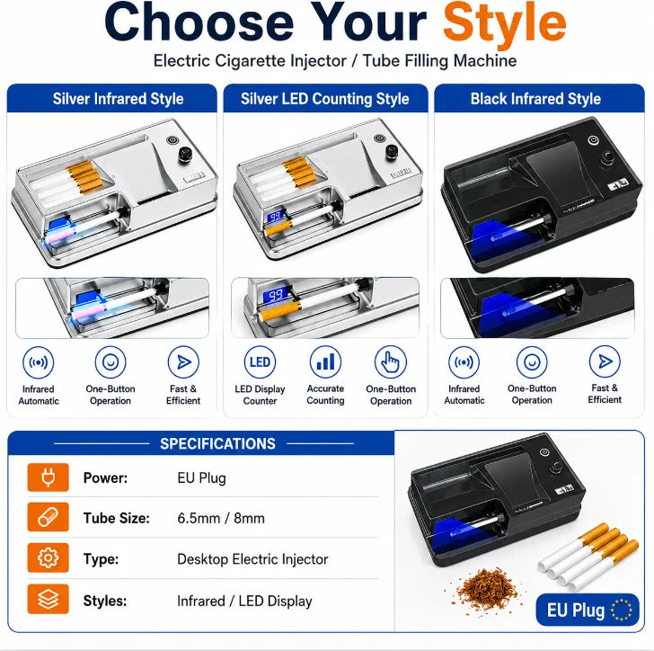 6.5/8mm Tube Electric Cigarette Rolling Machine Infrared Sensing Injector Tobacco Filling Auto Cigarette Maker Smoking Accessory