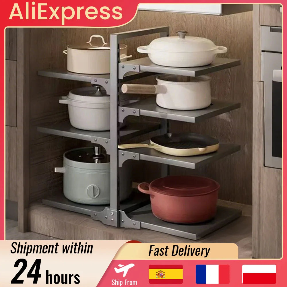 Adjustable Pot Rack Organizer, Kitchen Carbon Steel Pot Storage Rack, Multi-Layer Household Pot and Pan Organizer for Kitchen