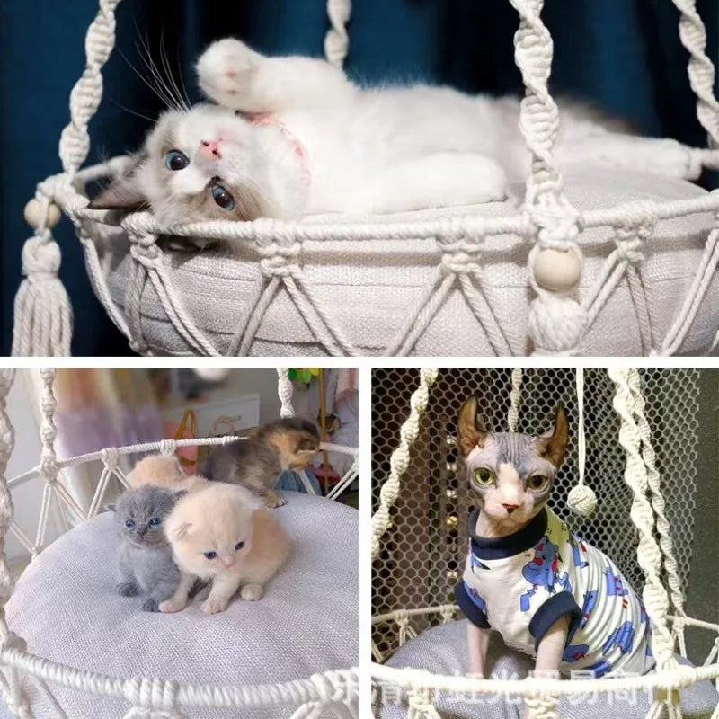 Winter Pet Hammock Cat Swing Hand Woven Cotton Rope Cats Hanging Basket  Kitten Hanging String Den Indoor Pend Nest Pet Supplies