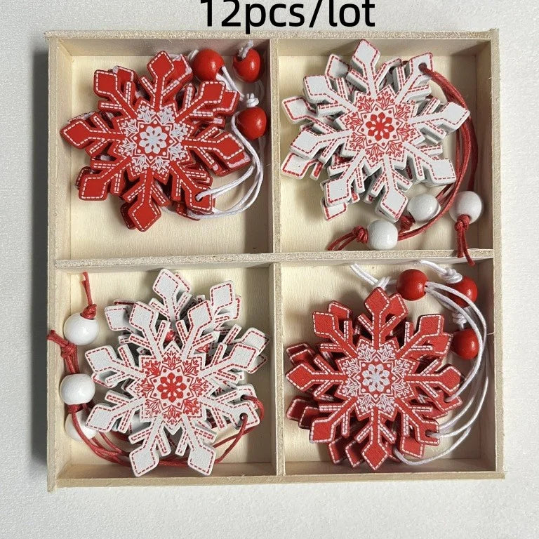 12Pcs/lot Merry Christmas Tree Decoration Wooden Hanging Pendant elk bells snowflake Xmas Ornaments New Year Home Decor Gifts