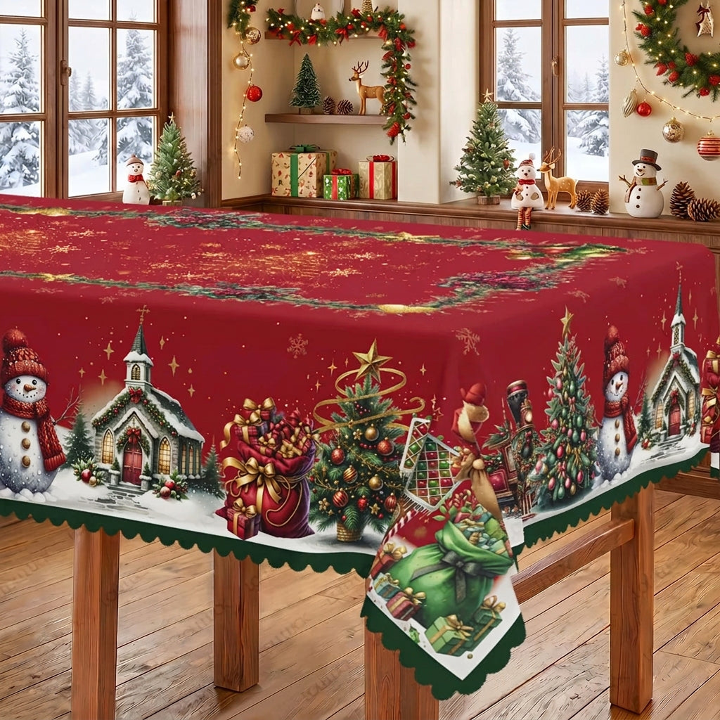 1 piece, Merry Christmas themed party tablecloth, Santa snowman Christmas tree floral design print