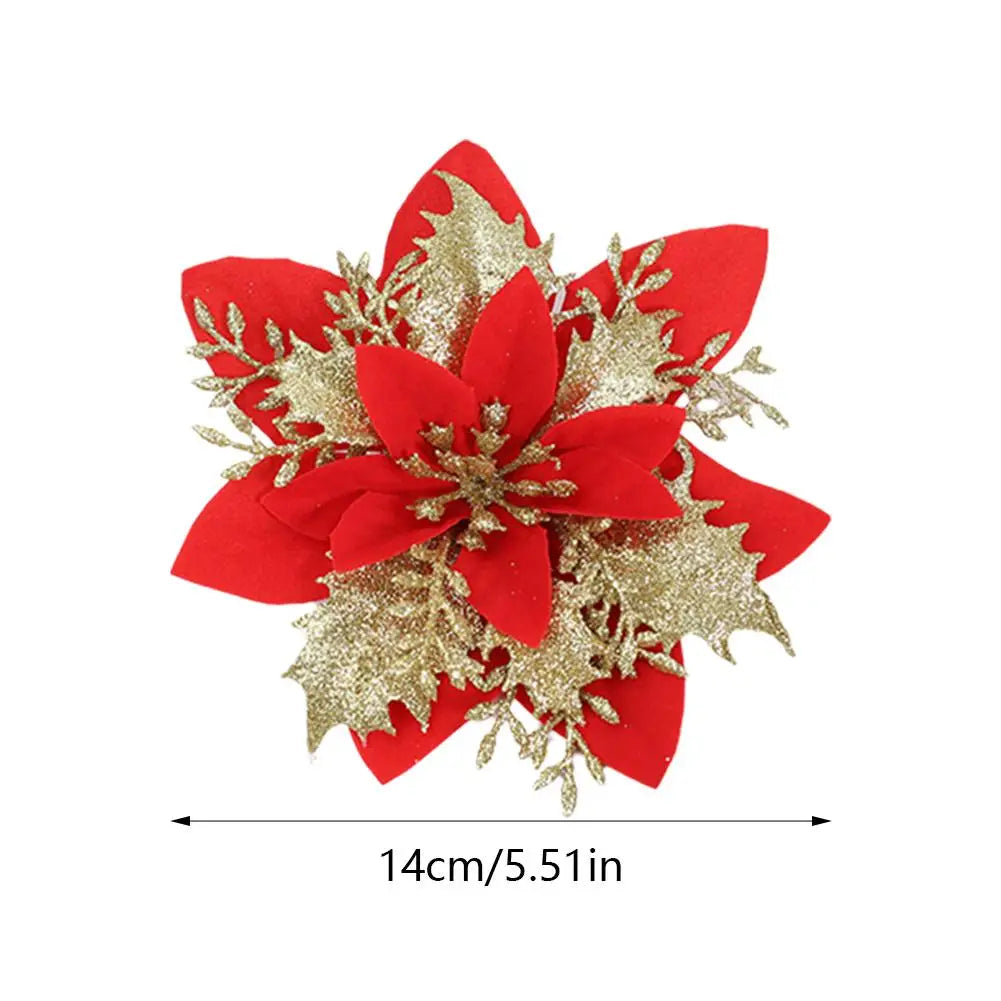 10Pcs Glitter Artificial Christmas Flowers Merry Christmas Tree Decoration Happy New Year Ornaments Xmas Flowers Decor