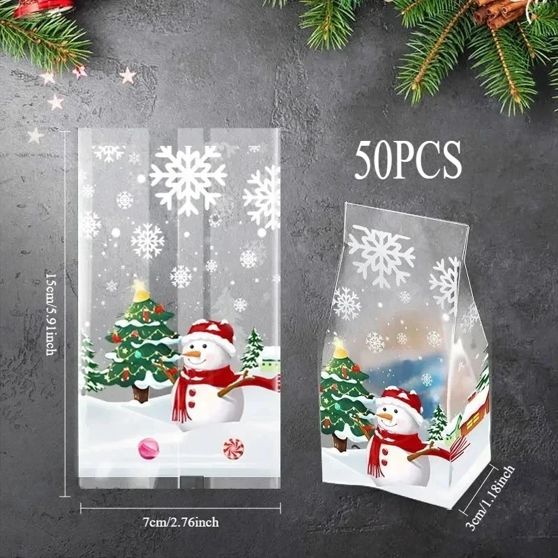 50pcs Christmas Snowman Transparent Candy Bag Gifts Cookie Baking Packaging Bags Xmas Winter Party Decoration New Year