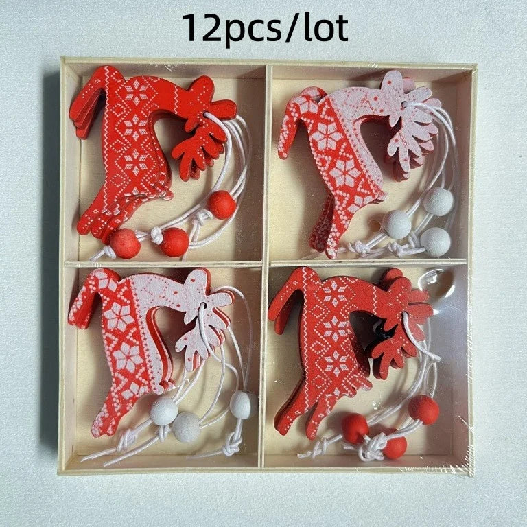 12Pcs/lot Merry Christmas Tree Decoration Wooden Hanging Pendant elk bells snowflake Xmas Ornaments New Year Home Decor Gifts