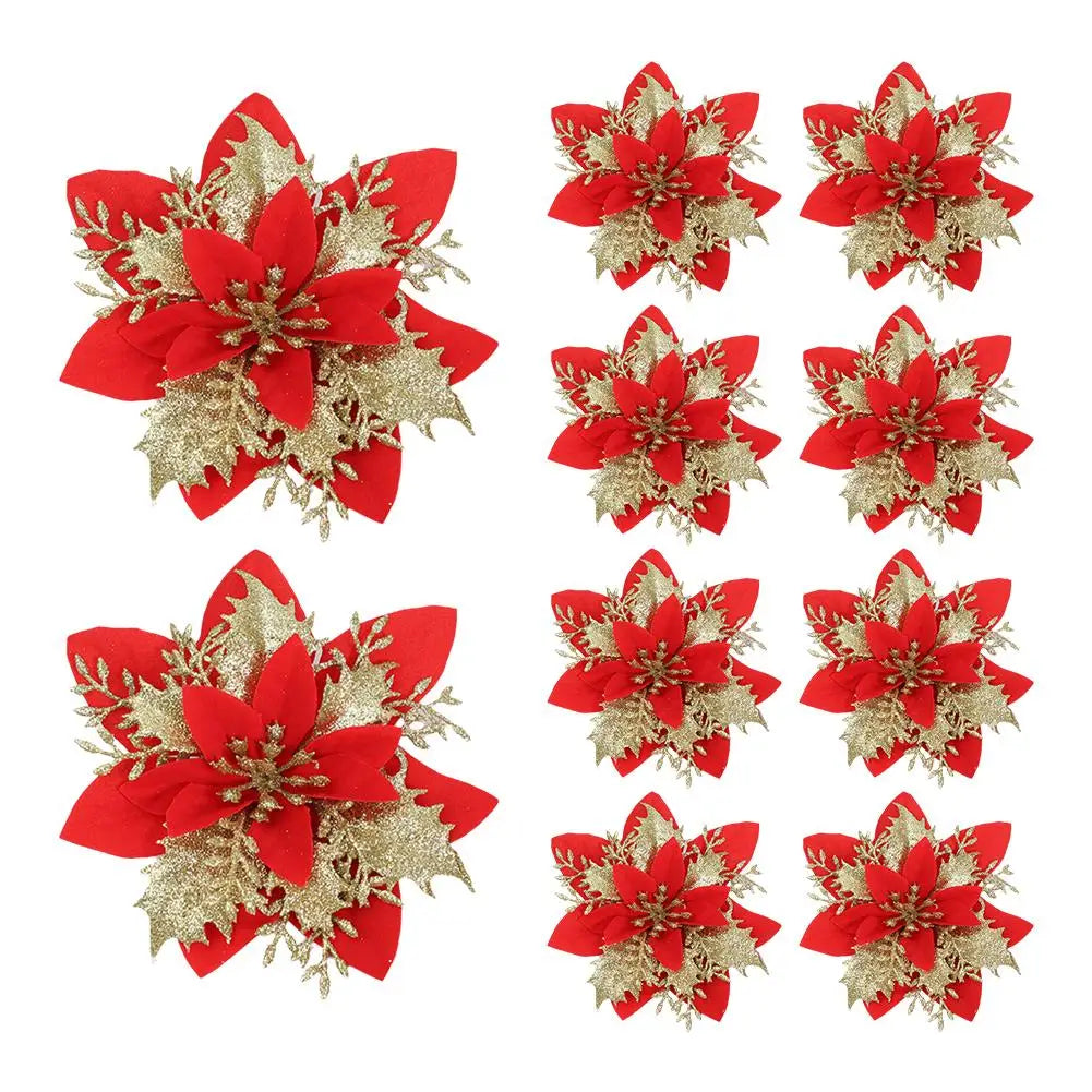 10Pcs Glitter Artificial Christmas Flowers Merry Christmas Tree Decoration Happy New Year Ornaments Xmas Flowers Decor