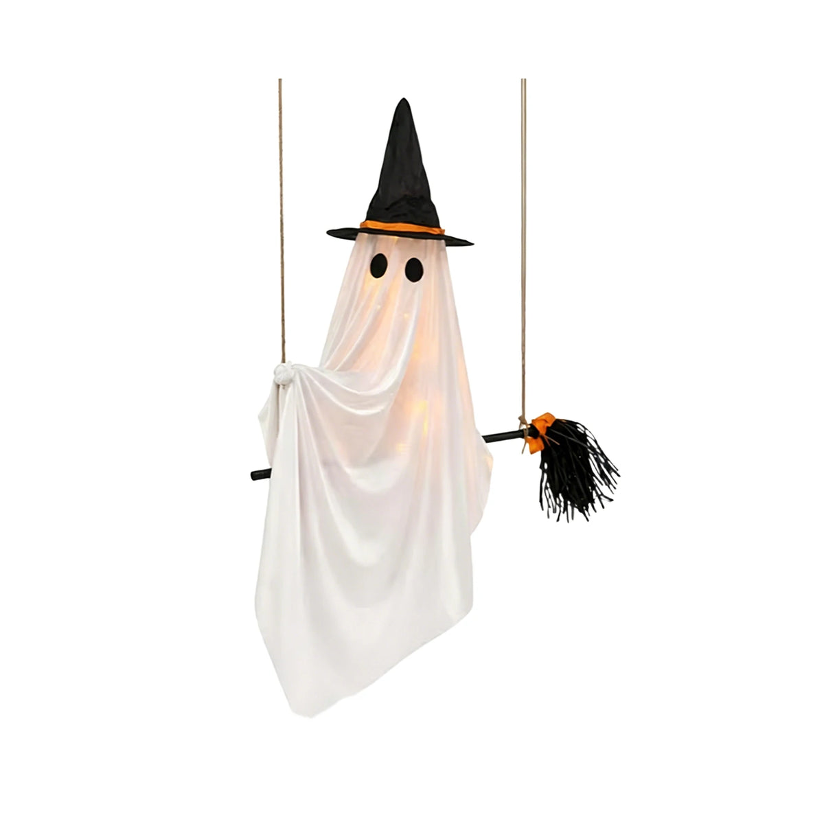 Halloween Porch Decor Glowing Swinging Ghost Prop Halloween Hanging Swing Ghost Decoration with Witch Hat Light-up for Yard