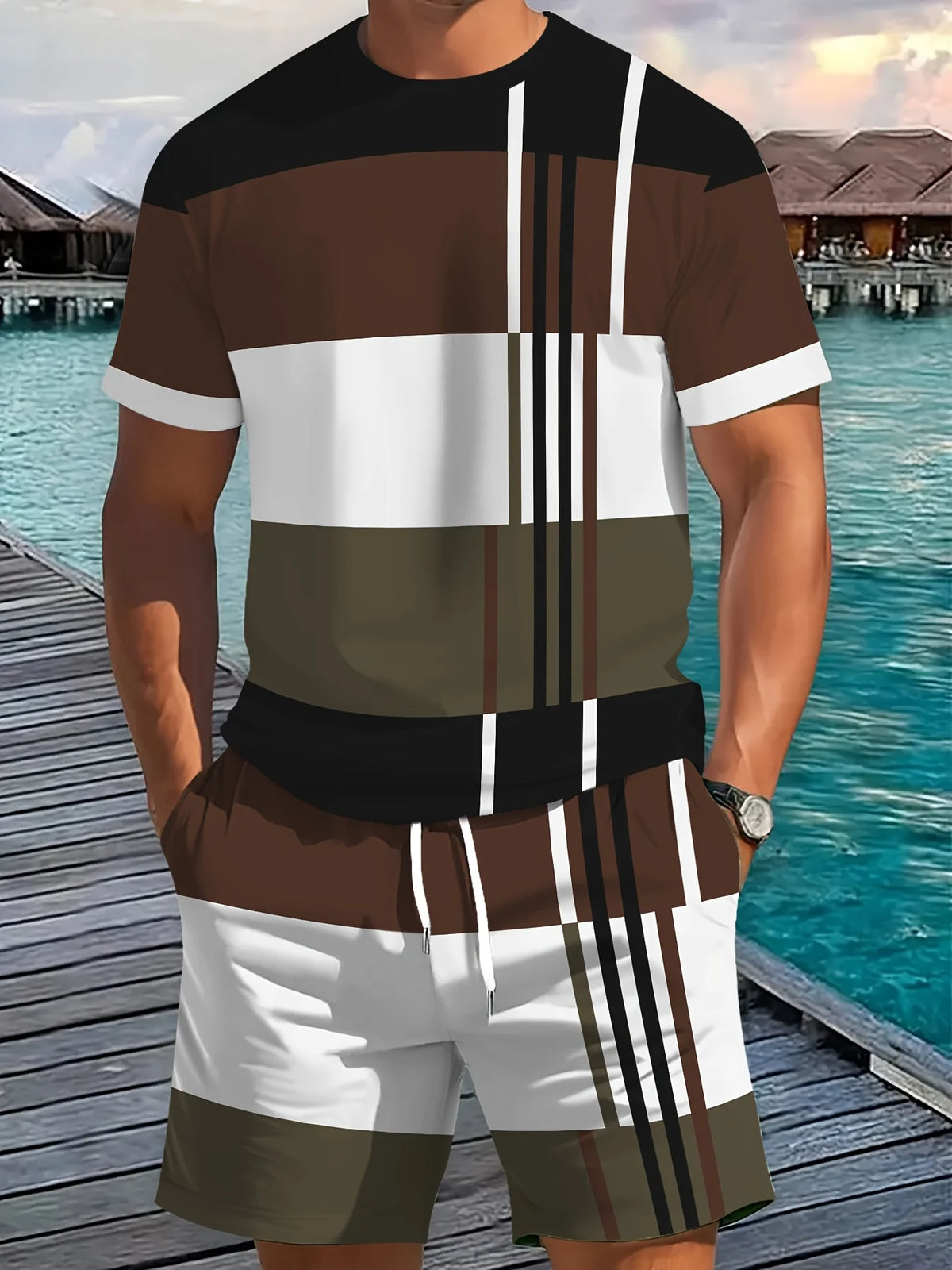 Summer New Arrival Men's Casual Two-Piece Set Striped Print Short-Sleeve Shirt and Athletic Shorts Set Men's Fitness Set
