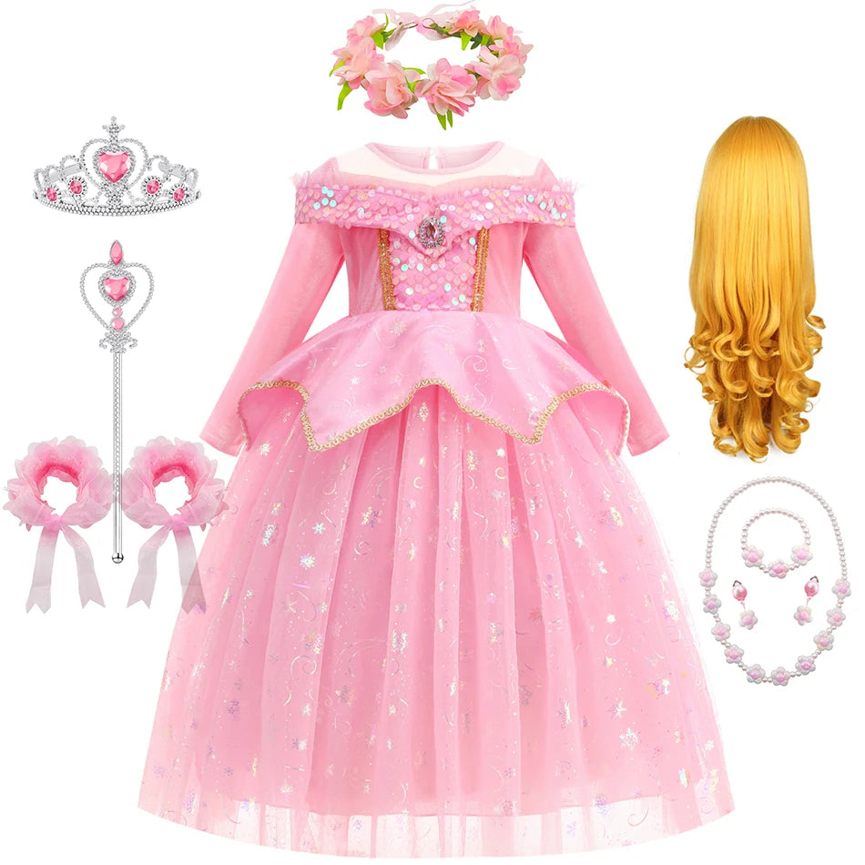 Halloween Costumes Kids Pink Girls Party Dresses Girl Aurora Princess Gown Sleeping Beauty Cosplay Costume Fantasy Disguise Sets