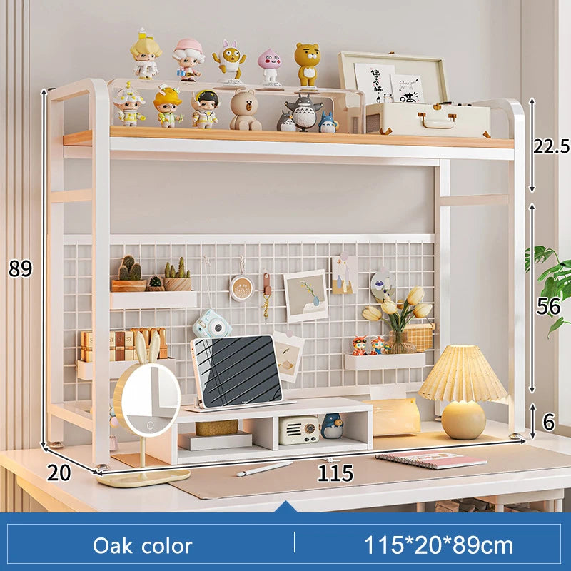 Bookshelf Bookcase With Grid Desktop Multi-layer Wrought Iron Shelf Student Computer Desk Table Hole Board Table Wooden Shelves