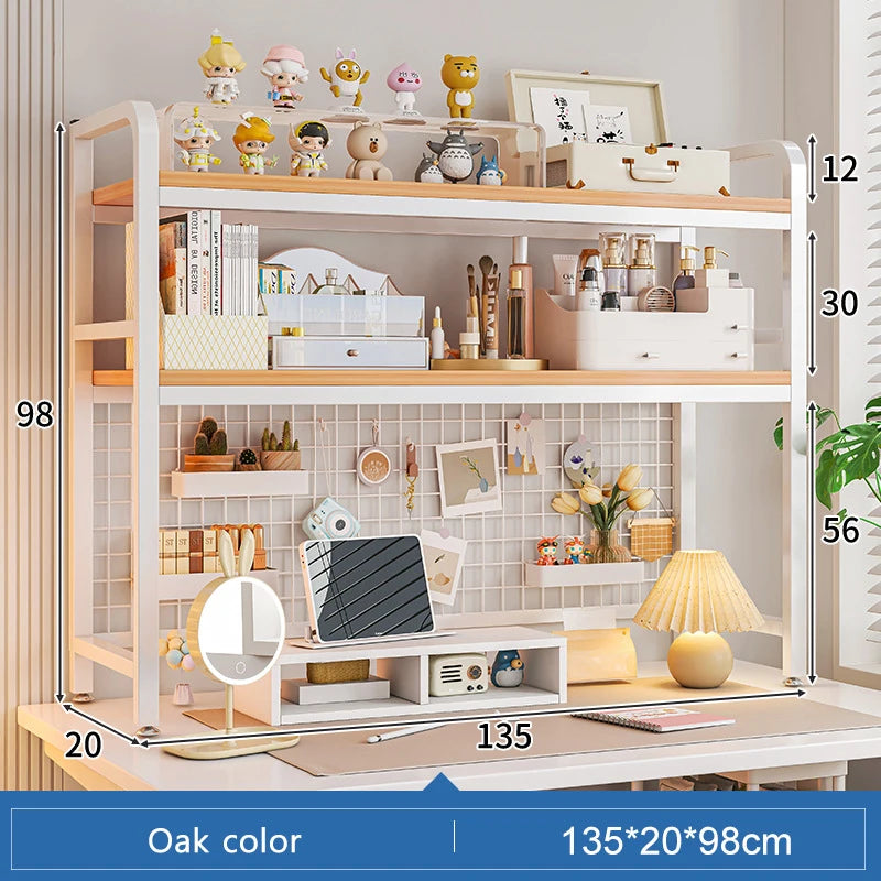 Bookshelf Bookcase With Grid Desktop Multi-layer Wrought Iron Shelf Student Computer Desk Table Hole Board Table Wooden Shelves