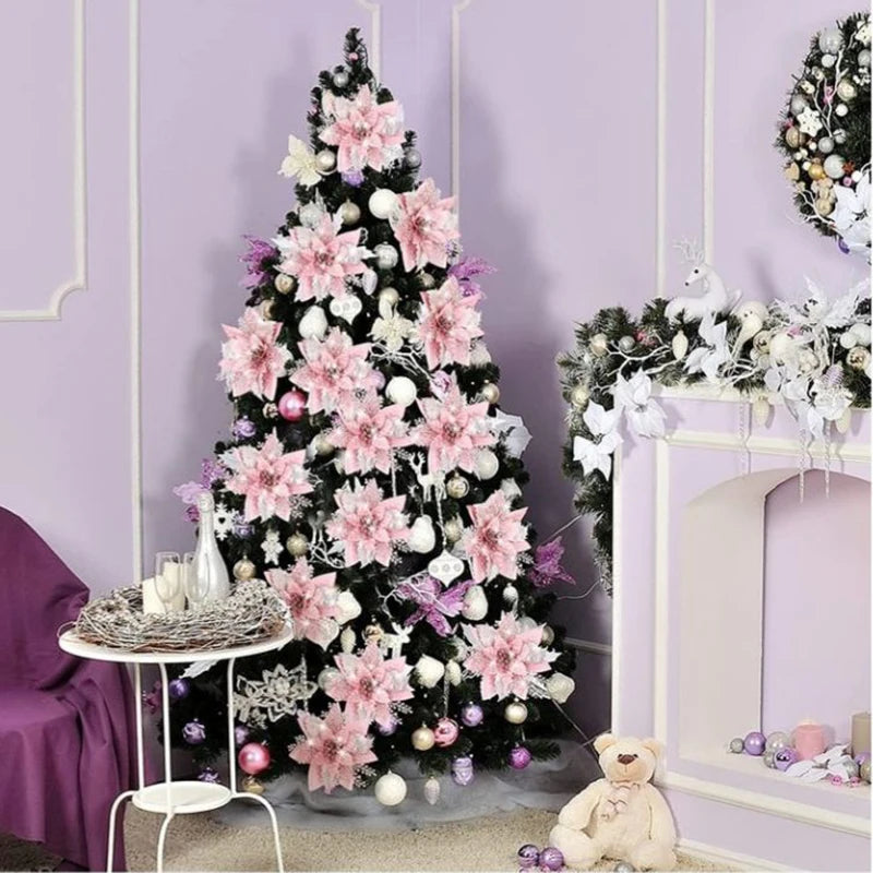 Glitter Pink Christmas Flowers Xmas Tree 14cm Artifical Flower Ornaments  Merry Christmas Decoration For Home New Year